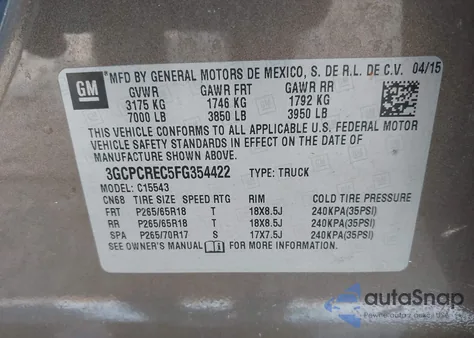 2015 Chevrolet Silverado 1500 1Lt from USA, damaged, VIN 3GCPCREC5FG354422